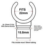 19mm C Clip with swivel action, can be fitted with a rivet to allow a swivel action. Clips onto 22mm tubing. These clips are a smaller design than the standard Poles Apart C Clips. Australian Camping Products Poles Apart Saint Part# S322