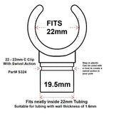 22mm C Clip with swivel action, can be fitted with a rivet to allow a swivel action. Clips onto 22mm tubing. These clips are a smaller design than the standard Poles Apart C Clips. Australian Camping Products Poles Apart Saint Part# S324