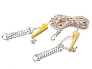 6mm double guy rope with 2 x Universal Runner & 150mm Trace Spring. Double ropes have a splice clip mid rope and then 2 strands of 3.5mtrs long rope with fittings on each end that pull down to the ground. Australian Poles Apart camping product part# 765
