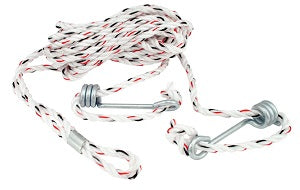 6mm double guy rope with 2 x Wire Runners. Double ropes have a splice clip mid rope and then 2 strands of 3.5mtrs long rope with fittings on each end that pull down to the ground. Australian Poles Apart camping product part# 474