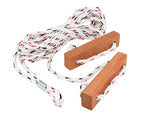 6mm double guy rope with 2 x Wooden Runner. Double ropes have a splice clip mid rope and then 2 strands of 3.5mtrs long rope with fittings on each end that pull down to the ground. Australian Poles Apart camping product part# 473