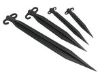 300mm Black Polypropylene heavy duty star shaped sand pegs with 1 closed loop and 1 open loop for attaching ropes or trace springs. Australian Made Poles Apart Camping Product Part# 682